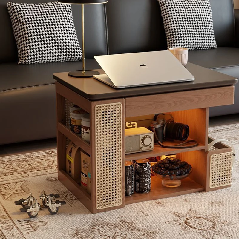 Contemporary Retro Eco-Friendly Engineered Wood PE Rattan Glass Bus-Shaped Rectangular Side Table With 5 Storage Cabinets And Lift-Top Design For Living Room And Bedroom