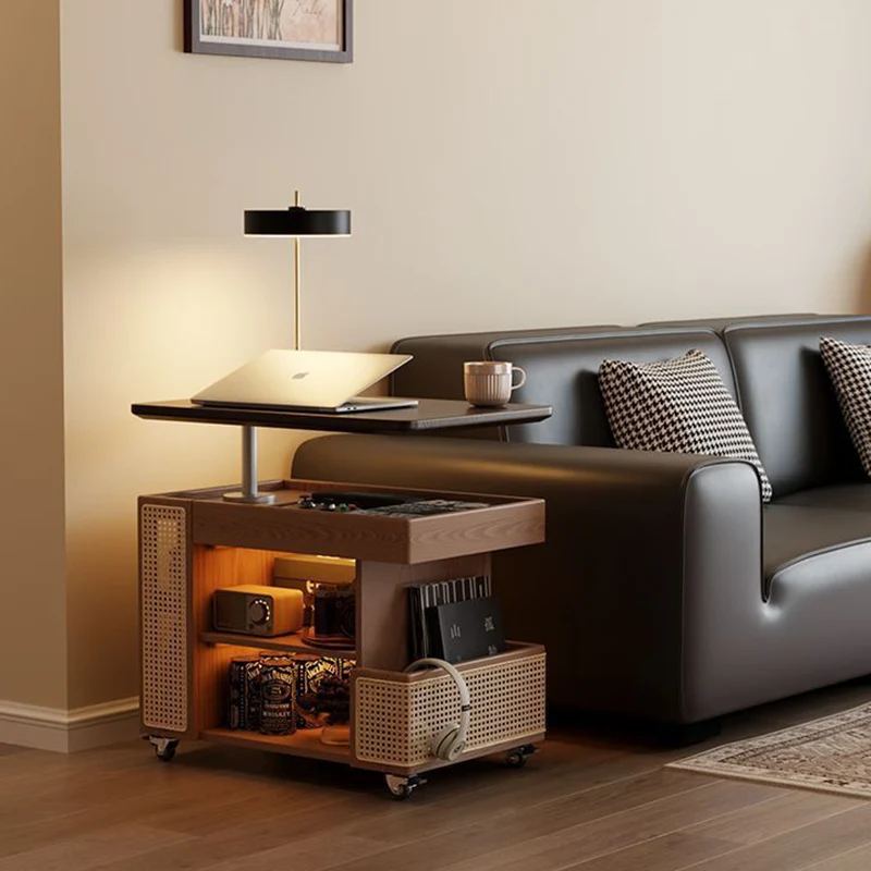 Contemporary Retro Eco-Friendly Engineered Wood PE Rattan Glass Bus-Shaped Rectangular Side Table With 5 Storage Cabinets And Lift-Top Design For Living Room And Bedroom
