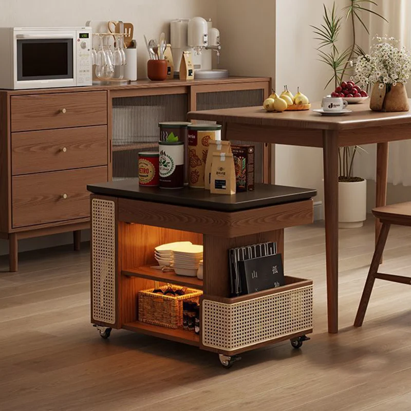 Contemporary Retro Eco-Friendly Engineered Wood PE Rattan Glass Bus-Shaped Rectangular Side Table With 5 Storage Cabinets And Lift-Top Design For Living Room And Bedroom