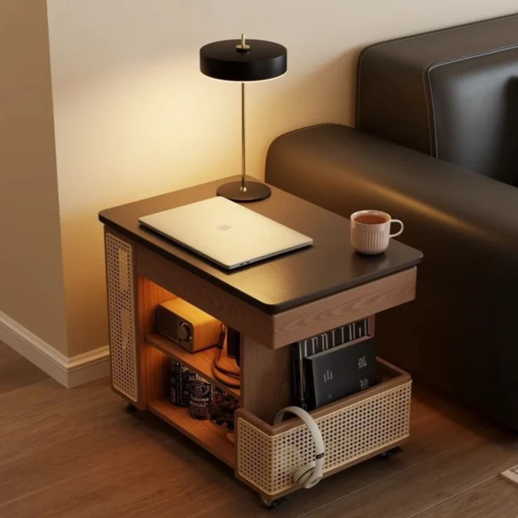 Contemporary Retro Eco-Friendly Engineered Wood PE Rattan Glass Bus-Shaped Rectangular Side Table With 5 Storage Cabinets And Lift-Top Design For Living Room And Bedroom