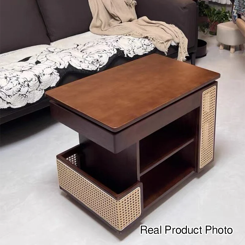 Contemporary Retro Eco-Friendly Engineered Wood PE Rattan Glass Bus-Shaped Rectangular Side Table With 5 Storage Cabinets And Lift-Top Design For Living Room And Bedroom