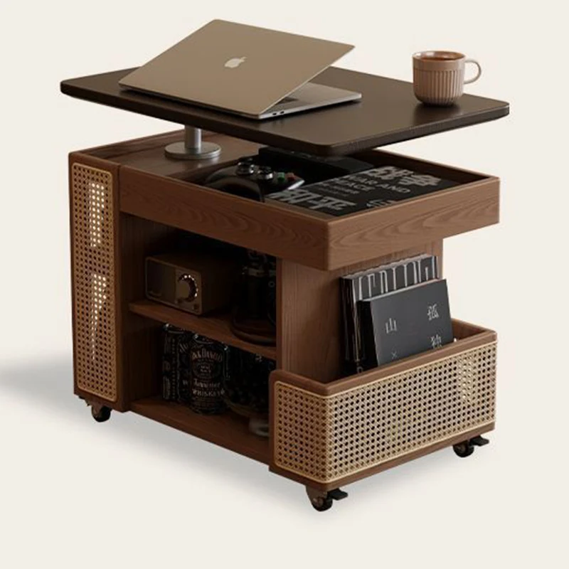 Contemporary Retro Eco-Friendly Engineered Wood PE Rattan Glass Bus-Shaped Rectangular Side Table With 5 Storage Cabinets And Lift-Top Design For Living Room And Bedroom