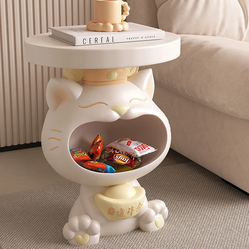 Contemporary Creative Resin Lucky Cat Round Side Table With 1-Tray Storage For Living Room