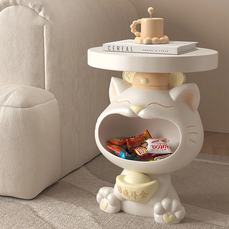 Contemporary Creative Resin Lucky Cat Round Side Table With 1-Tray Storage For Living Room