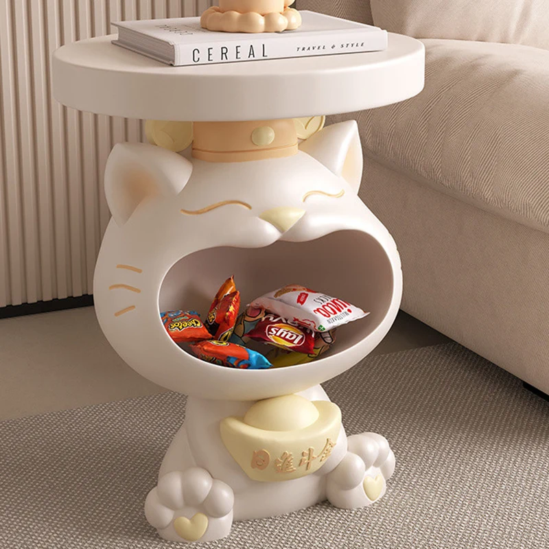 Contemporary Creative Resin Lucky Cat Round Side Table With 1-Tray Storage For Living Room