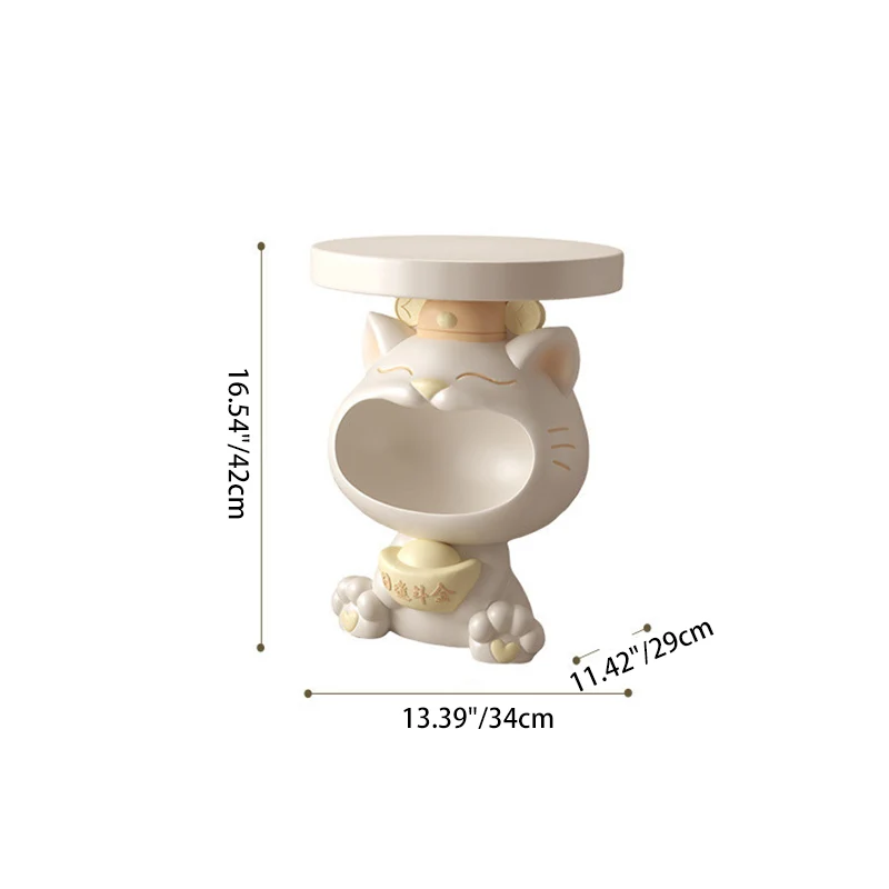 Contemporary Creative Resin Lucky Cat Round Side Table With 1-Tray Storage For Living Room