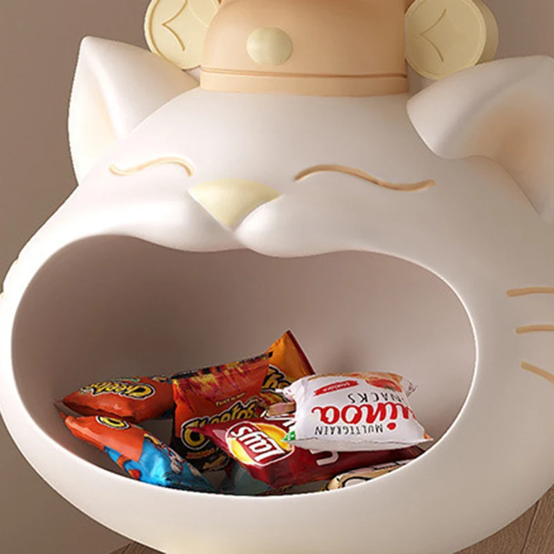Contemporary Creative Resin Lucky Cat Round Side Table With 1-Tray Storage For Living Room