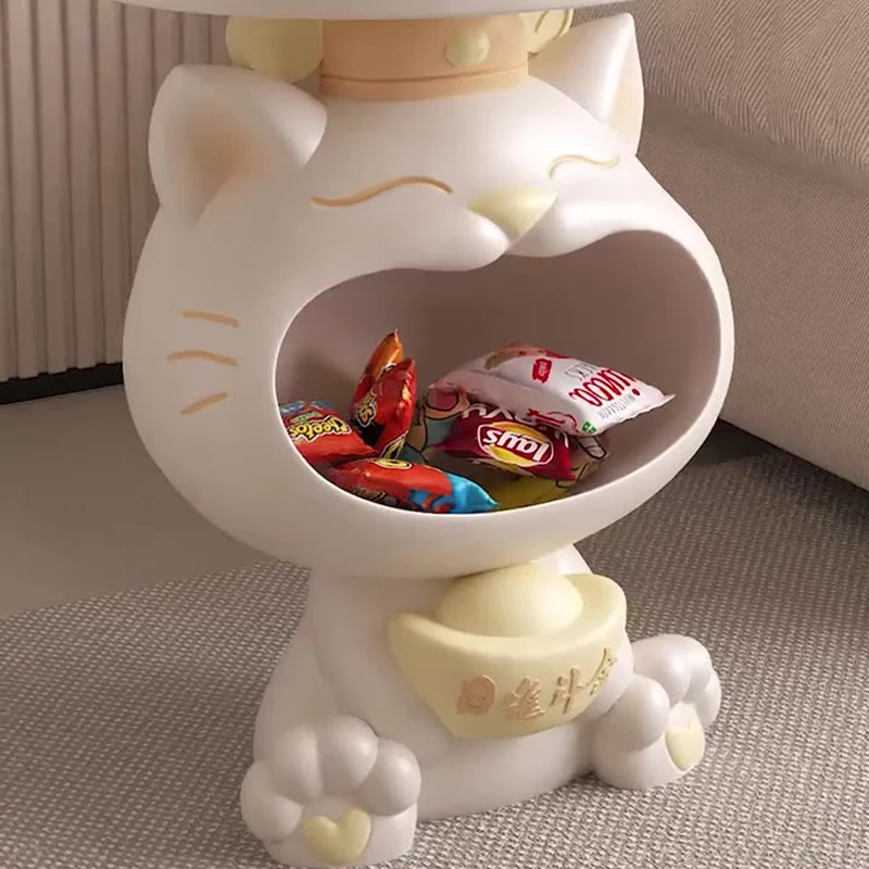 Contemporary Creative Resin Lucky Cat Round Side Table With 1-Tray Storage For Living Room