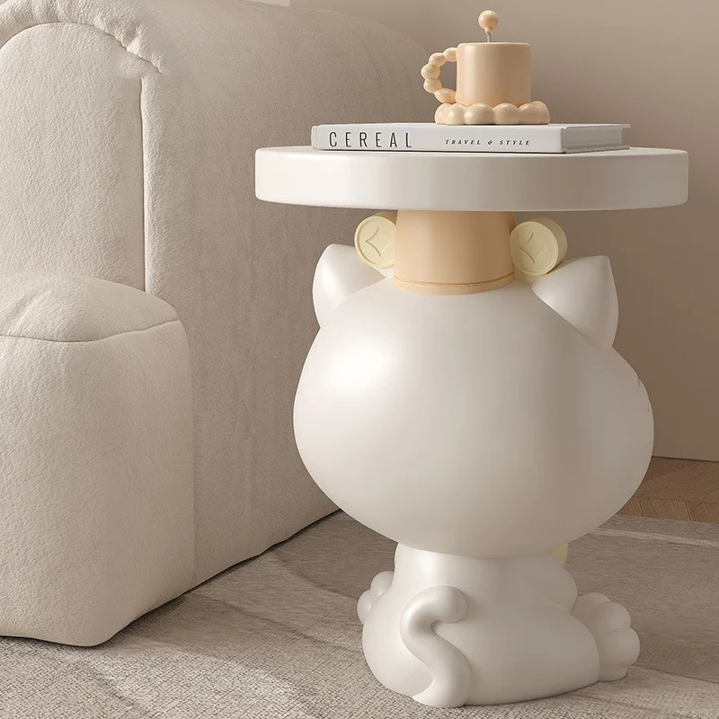 Contemporary Creative Resin Lucky Cat Round Side Table With 1-Tray Storage For Living Room