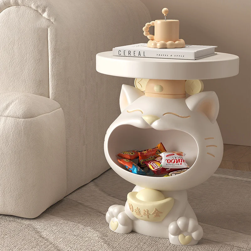 Contemporary Creative Resin Lucky Cat Round Side Table With 1-Tray Storage For Living Room