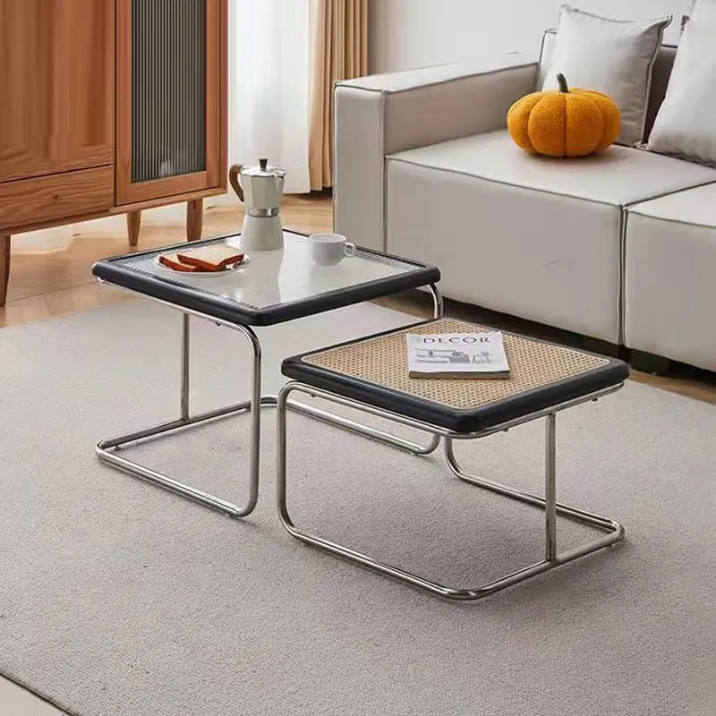 Contemporary Retro Striped Glass Plastic Rattan Stainless Steel Square Side Table Set Stackable For Living Room