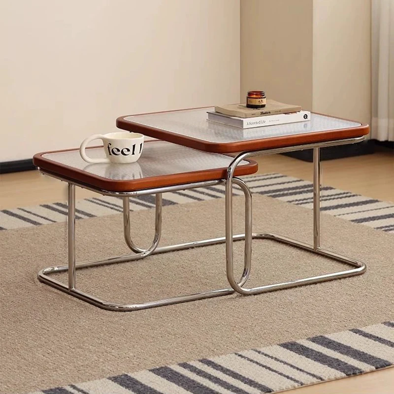 Contemporary Retro Striped Glass Plastic Rattan Stainless Steel Square Side Table Set Stackable For Living Room