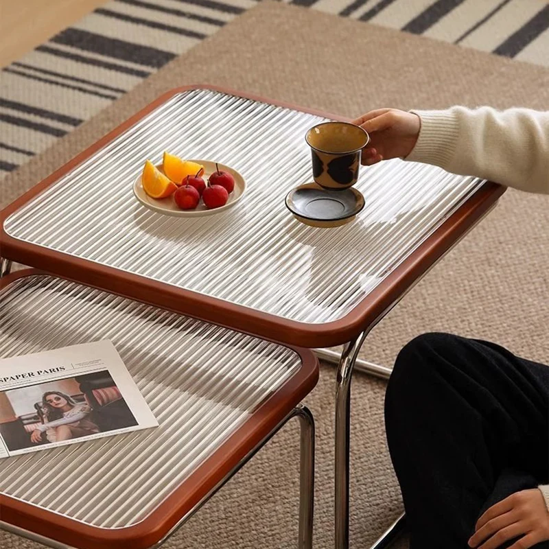 Contemporary Retro Striped Glass Plastic Rattan Stainless Steel Square Side Table Set Stackable For Living Room