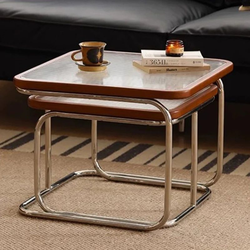 Contemporary Retro Striped Glass Plastic Rattan Stainless Steel Square Side Table Set Stackable For Living Room