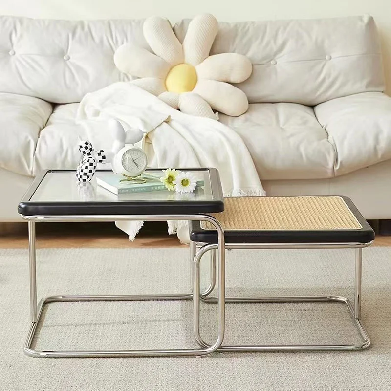 Contemporary Retro Striped Glass Plastic Rattan Stainless Steel Square Side Table Set Stackable For Living Room