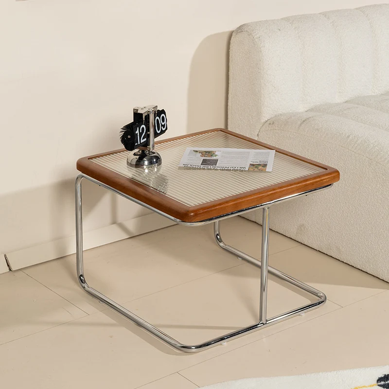 Contemporary Retro Striped Glass Plastic Rattan Stainless Steel Square Side Table Set Stackable For Living Room