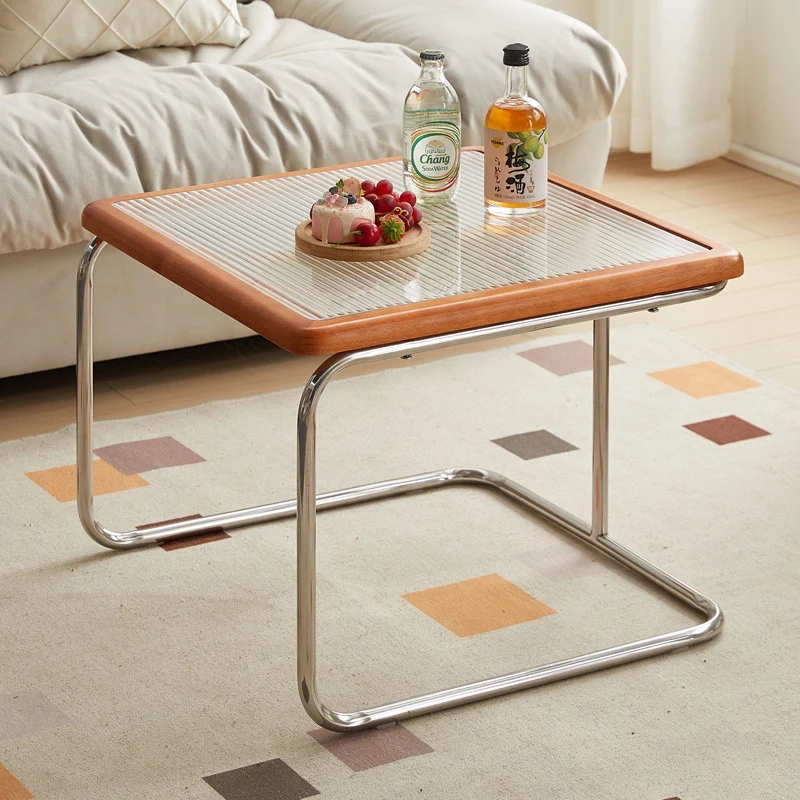 Contemporary Retro Striped Glass Plastic Rattan Stainless Steel Square Side Table Set Stackable For Living Room