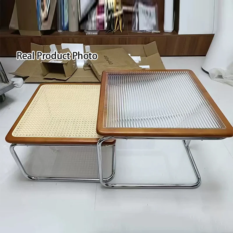 Contemporary Retro Striped Glass Plastic Rattan Stainless Steel Square Side Table Set Stackable For Living Room