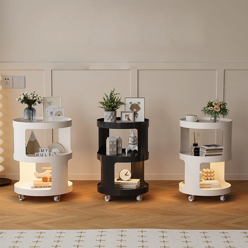 Modern Minimalist Iron And Striped Glass Round & Square Movable Side Table With 3 Tiers For Living Room And Bedroom