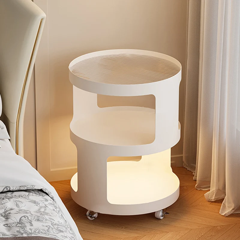 Modern Minimalist Iron And Striped Glass Round & Square Movable Side Table With 3 Tiers For Living Room And Bedroom