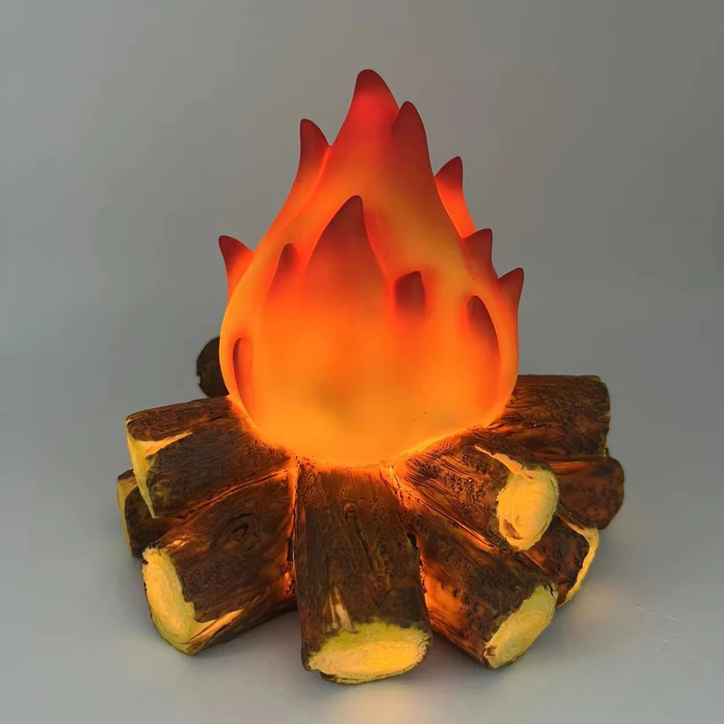 Modern Art Deco Battery Resin Simulated Firewood Flame LED Table Lamp Night Light For Bedroom
