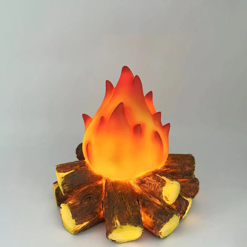 Modern Art Deco Battery Resin Simulated Firewood Flame LED Table Lamp Night Light For Bedroom