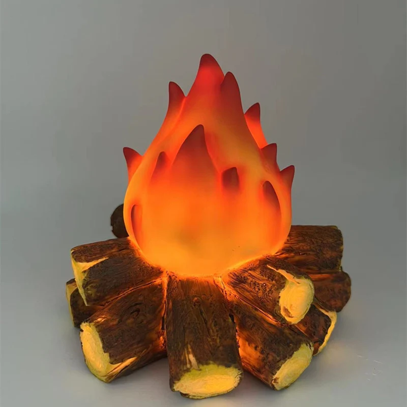 Modern Art Deco Battery Resin Simulated Firewood Flame LED Table Lamp Night Light For Bedroom