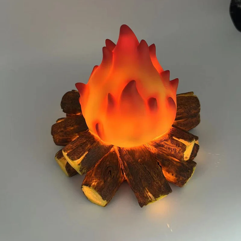Modern Art Deco Battery Resin Simulated Firewood Flame LED Table Lamp Night Light For Bedroom