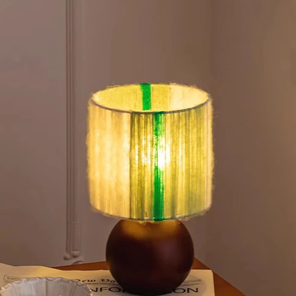 Traditional French Oak And Mohair Weaving Round Sphere Cylinder 1-Light Table Lamp For Bedroom