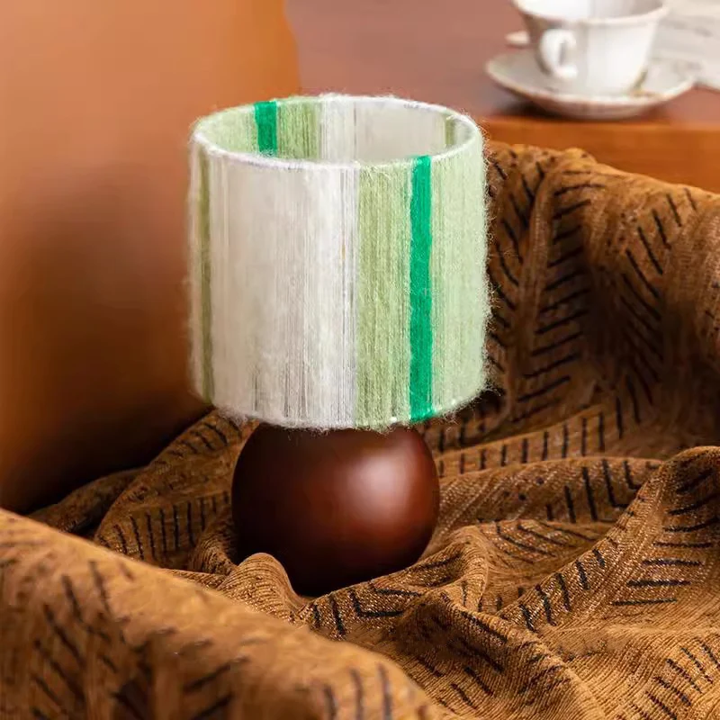 Traditional French Oak And Mohair Weaving Round Sphere Cylinder 1-Light Table Lamp For Bedroom