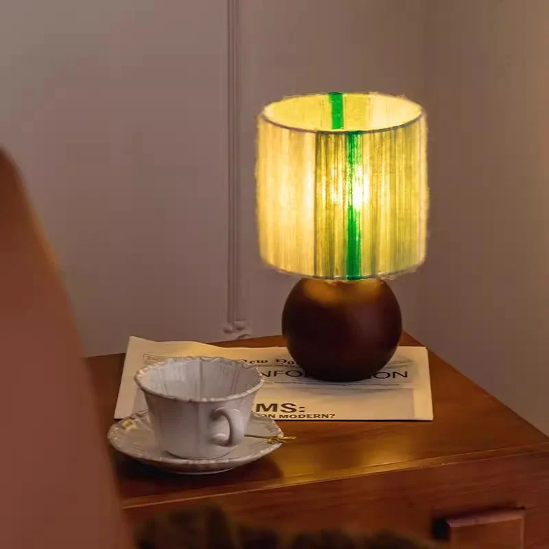 Traditional French Oak And Mohair Weaving Round Sphere Cylinder 1-Light Table Lamp For Bedroom