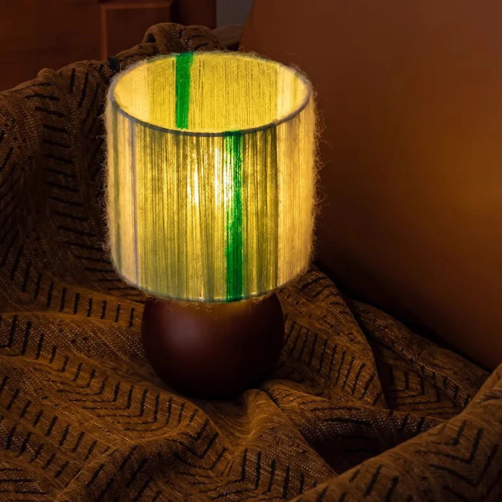 Traditional French Oak And Mohair Weaving Round Sphere Cylinder 1-Light Table Lamp For Bedroom