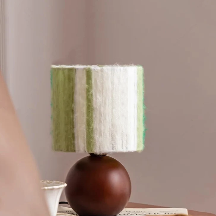 Traditional French Oak And Mohair Weaving Round Sphere Cylinder 1-Light Table Lamp For Bedroom