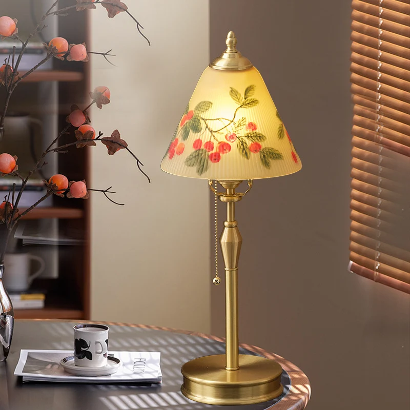 Traditional Chinese Brass & Glass Painted Cherry Cone 1-Light Table Lamp For Bedroom