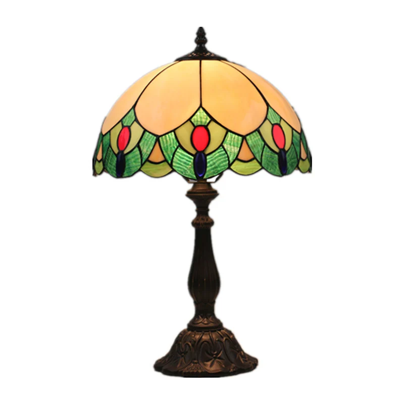 Traditional Tiffany Glass & Zinc Alloy Leaf Dome 1-Light Table Lamp For Bedroom & Living Room