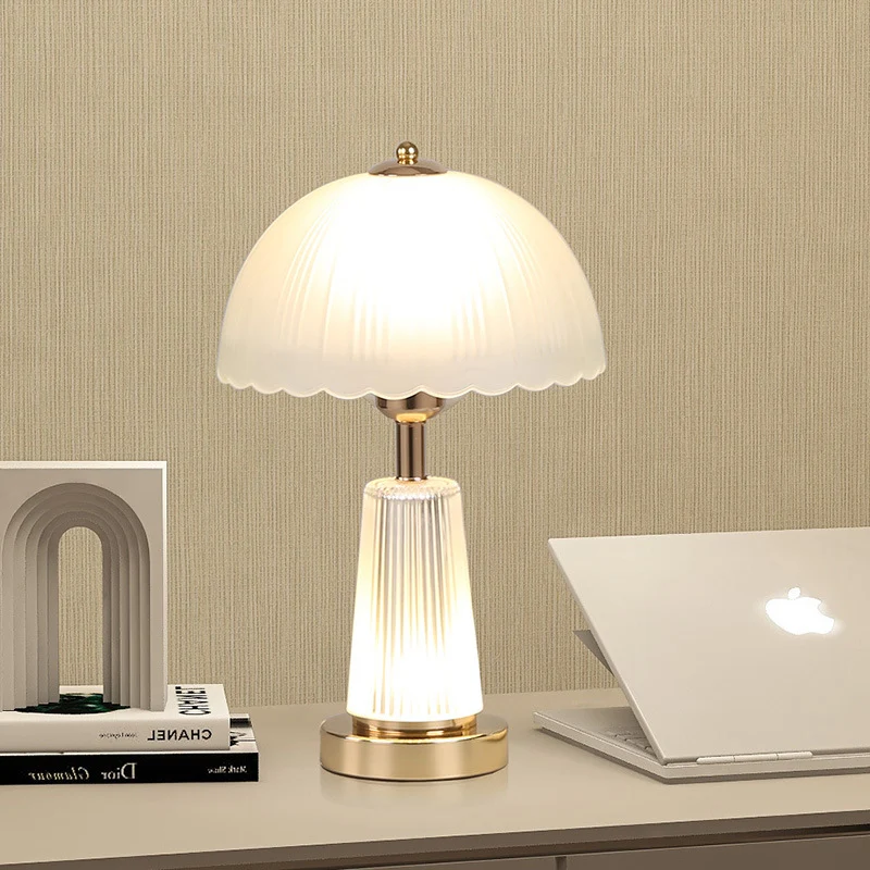 Modern Minimalist Metal Acrylic Glass Striped Cylinder Base Dome Flower 1-Light Table Lamp For Bedroom