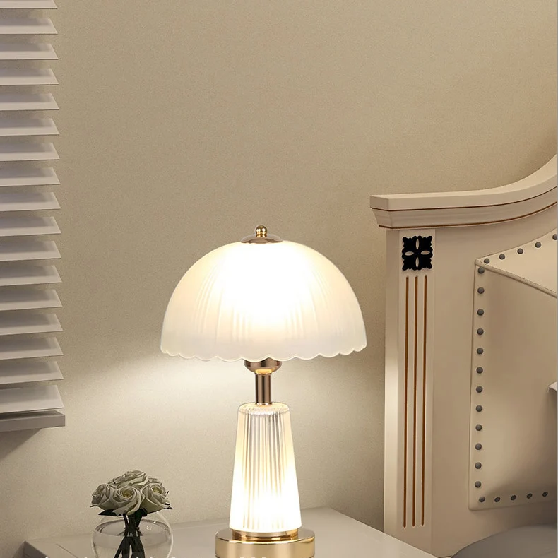 Modern Minimalist Metal Acrylic Glass Striped Cylinder Base Dome Flower 1-Light Table Lamp For Bedroom