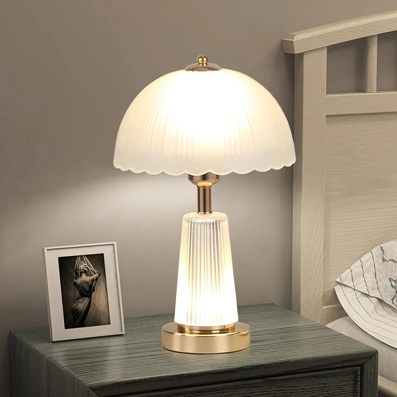 Modern Minimalist Metal Acrylic Glass Striped Cylinder Base Dome Flower 1-Light Table Lamp For Bedroom