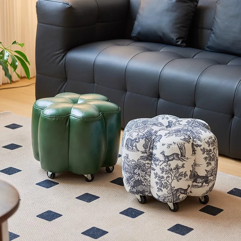 Contemporary Retro Flower Cube Cotton Linen Faux Oil-waxed Leather Pine Wheels Footstool Backless Armless For Living Room