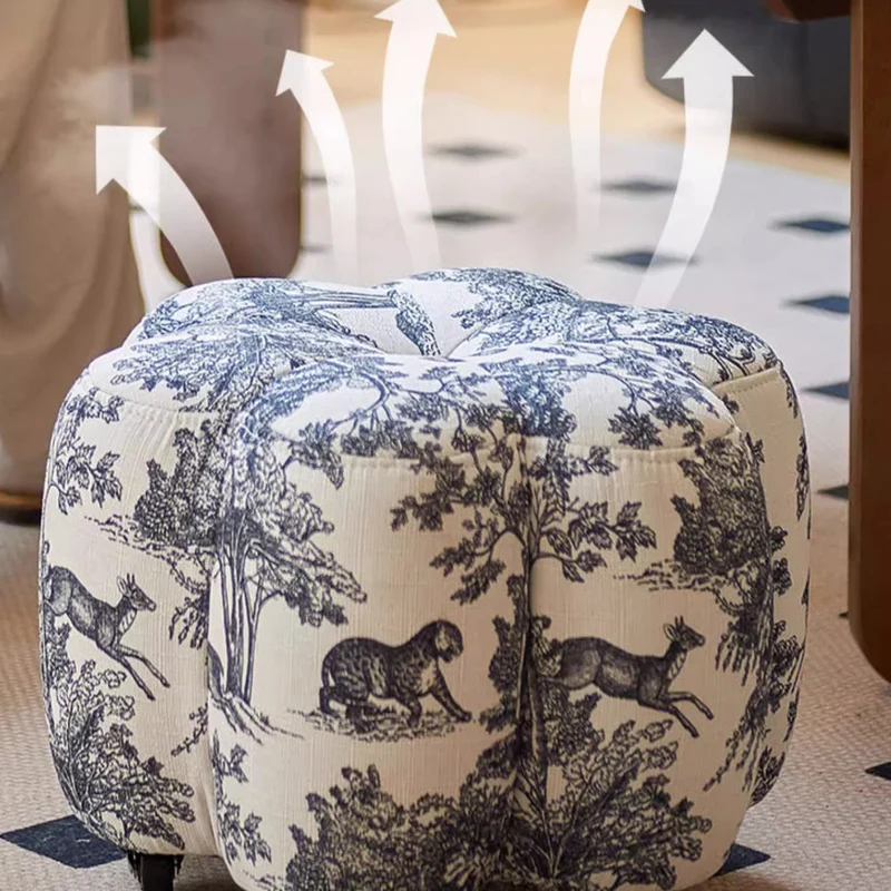 Contemporary Retro Flower Cube Cotton Linen Faux Oil-waxed Leather Pine Wheels Footstool Backless Armless For Living Room