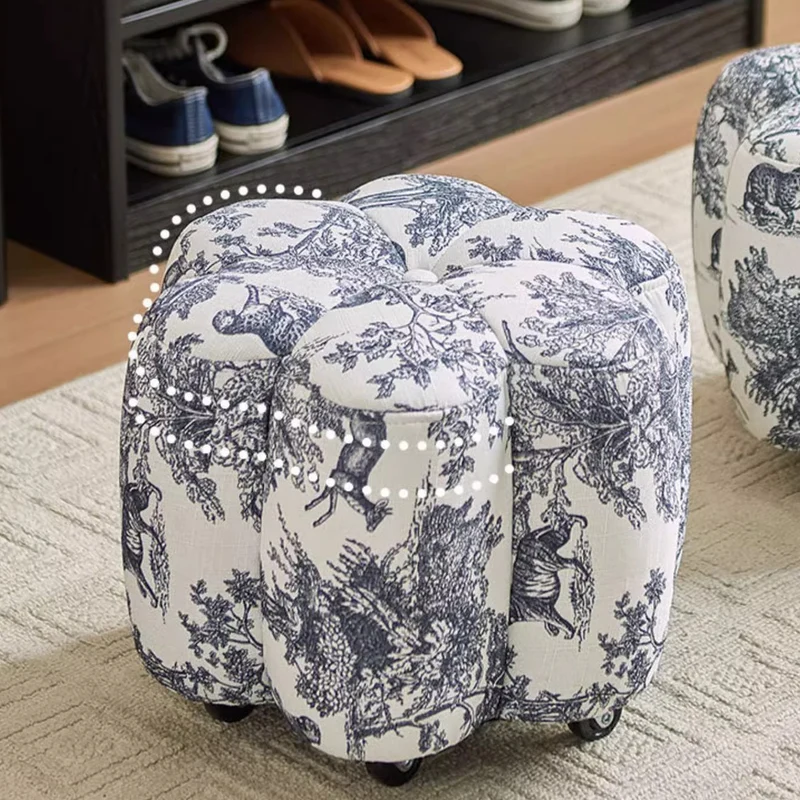 Contemporary Retro Flower Cube Cotton Linen Faux Oil-waxed Leather Pine Wheels Footstool Backless Armless For Living Room