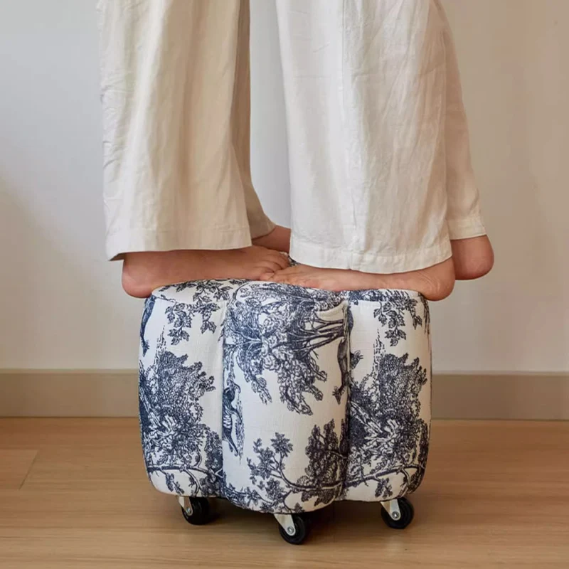Contemporary Retro Flower Cube Cotton Linen Faux Oil-waxed Leather Pine Wheels Footstool Backless Armless For Living Room