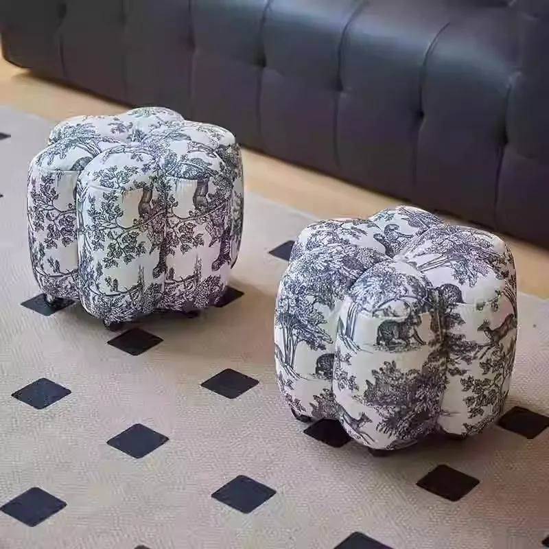Contemporary Retro Flower Cube Cotton Linen Faux Oil-waxed Leather Pine Wheels Footstool Backless Armless For Living Room