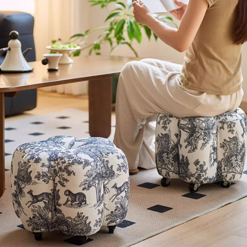 Contemporary Retro Flower Cube Cotton Linen Faux Oil-waxed Leather Pine Wheels Footstool Backless Armless For Living Room