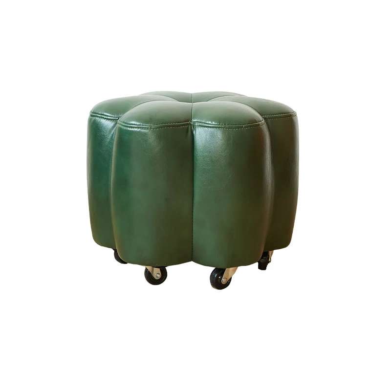 Contemporary Retro Flower Cube Cotton Linen Faux Oil-waxed Leather Pine Wheels Footstool Backless Armless For Living Room