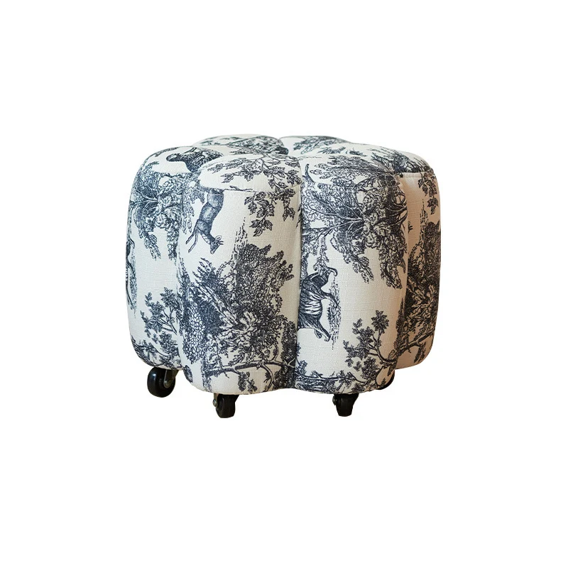 Contemporary Retro Flower Cube Cotton Linen Faux Oil-waxed Leather Pine Wheels Footstool Backless Armless For Living Room