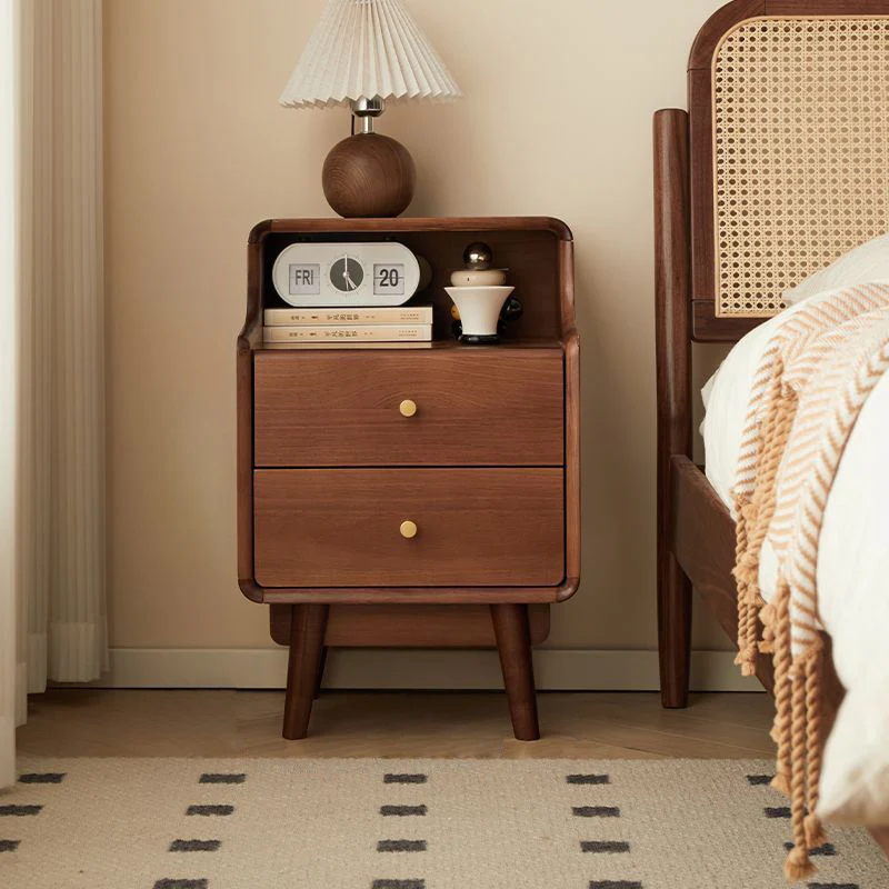 Traditional Japanese Square Plywood Top Nightstand 2-Tier Storage Drawer For Bedroom