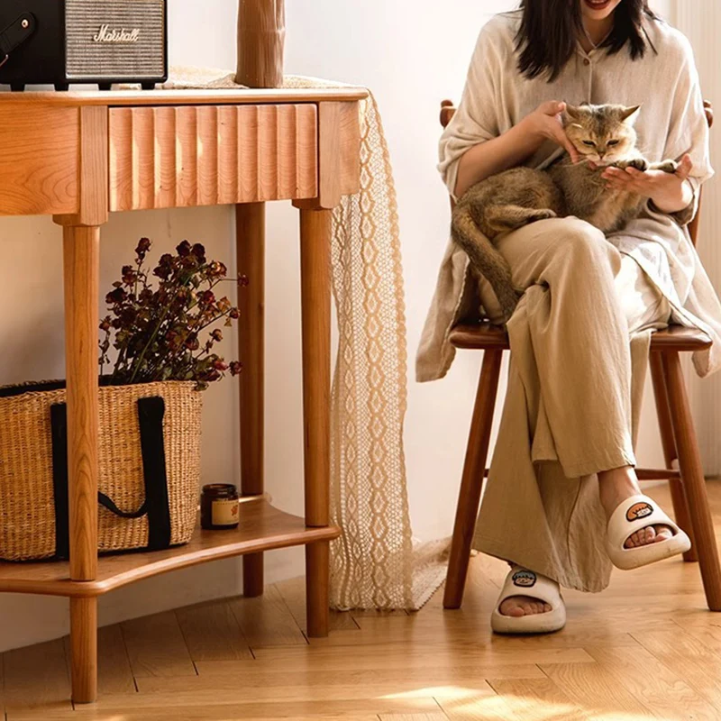 Contemporary Scandinavian Cherry Wood Semi-Circular Wavy Drawer Console Table With 2-Tier Storage For Entryway