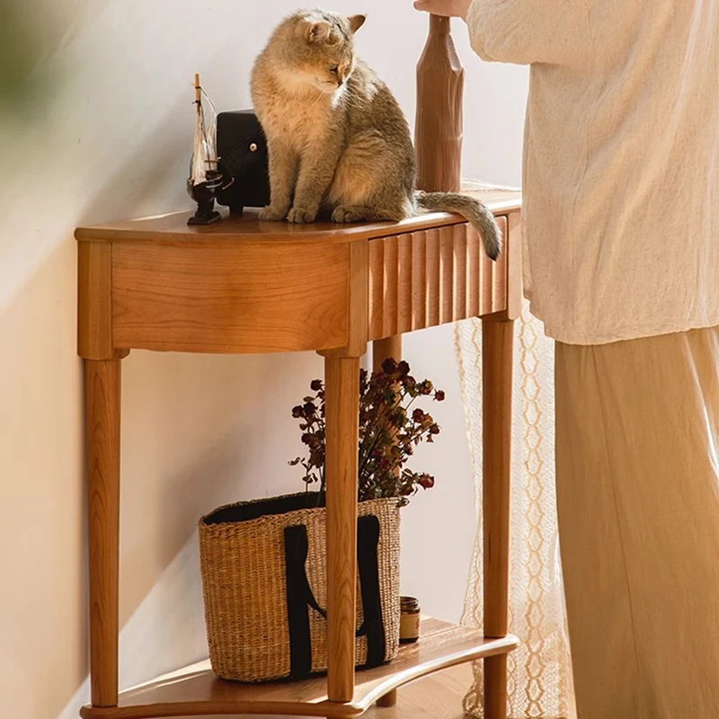 Contemporary Scandinavian Cherry Wood Semi-Circular Wavy Drawer Console Table With 2-Tier Storage For Entryway