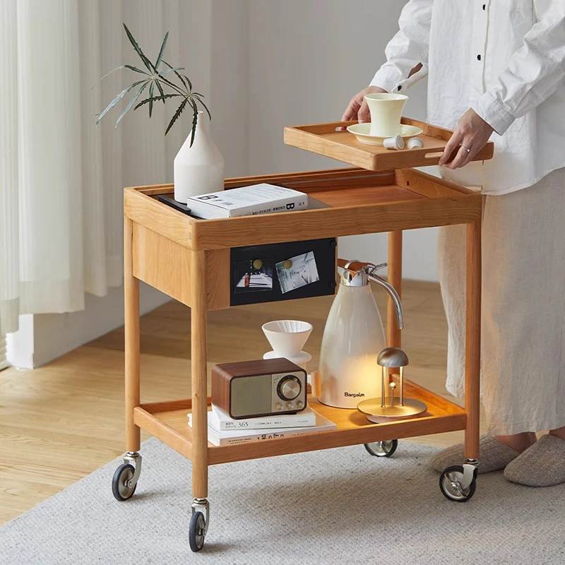 Contemporary Nordic Cherry Wood Oak Plywood Glass Rectangular Cart Movable End Table With 2-Tier Storage For Living Room And Bedroom